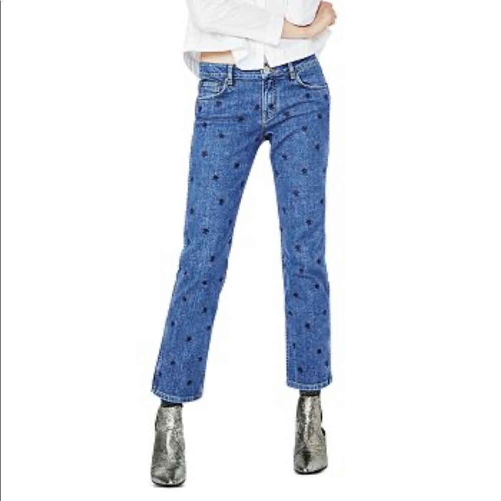 Maje Pastar Embroidered Straight Leg Jeans in Bleu